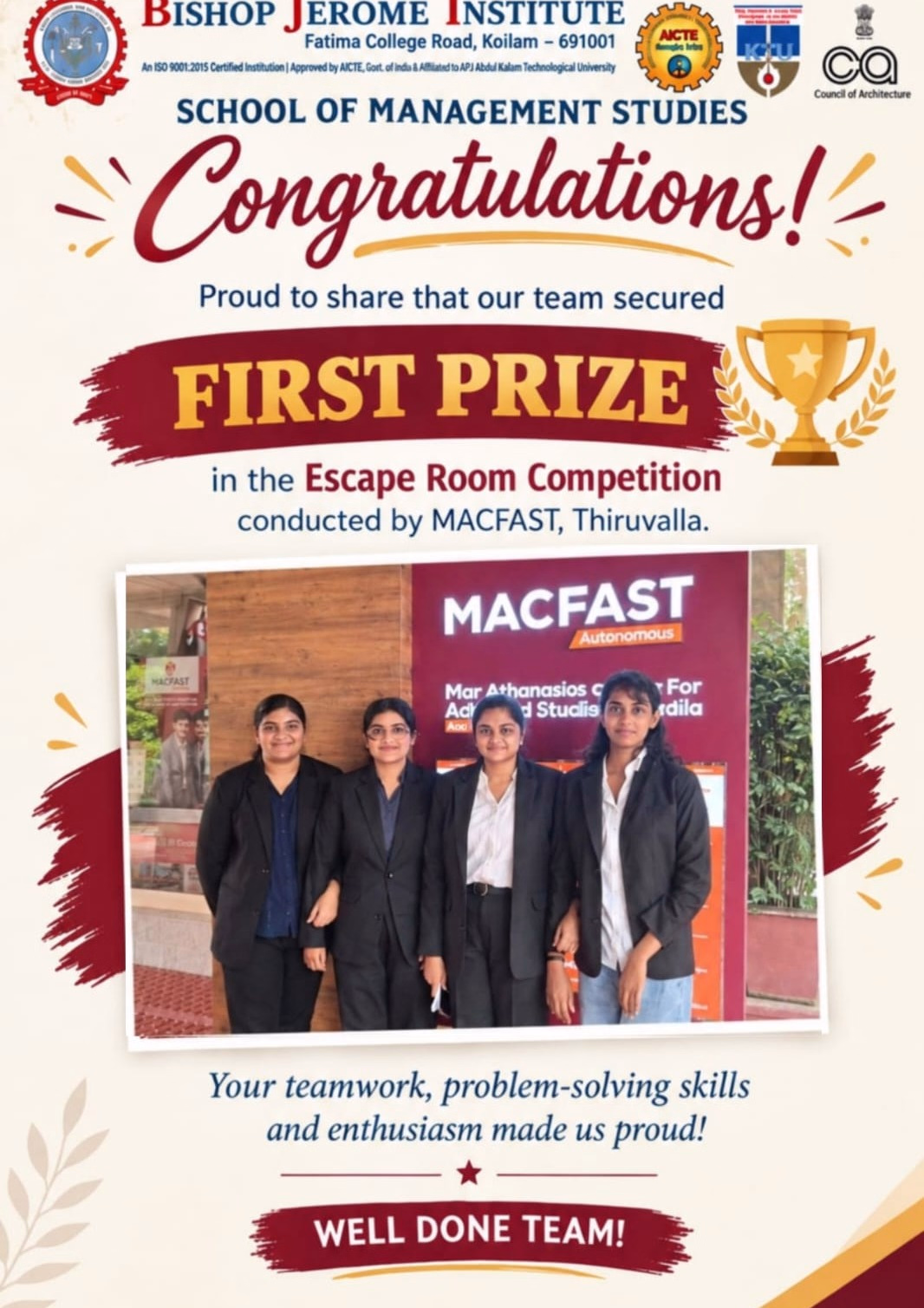 Triumph at MACFAST: Bishop Jerome Institute Students Secure First Prize in Escape Room Competition